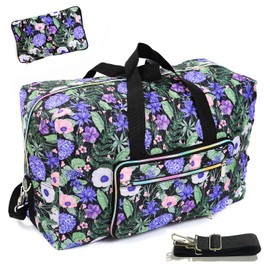 22" Foldable Large Travel Duffel Duffle Bag Sports Gym Tote Bag For Women Overnight Carryon Weekend Bag Shoulder Bag Water Resistant (purple flower)