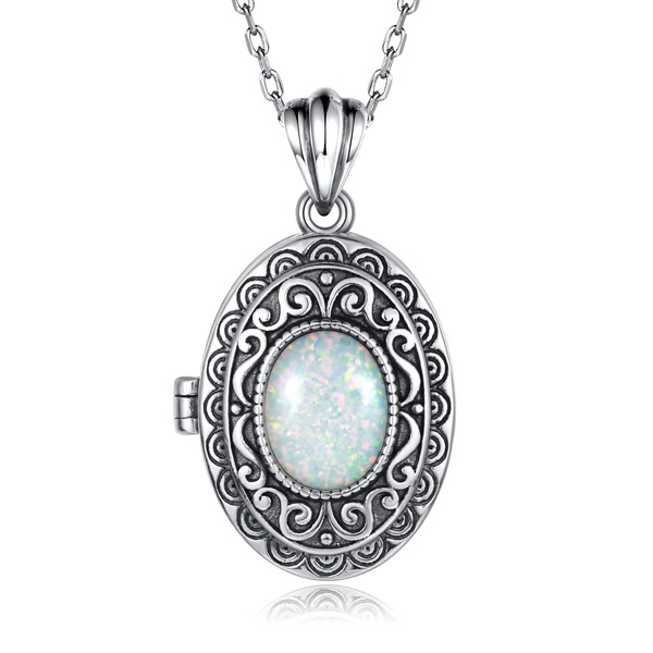 MANBU Sterling Silver Locket Necklace for Women: Oval-Shaped Opal Heart