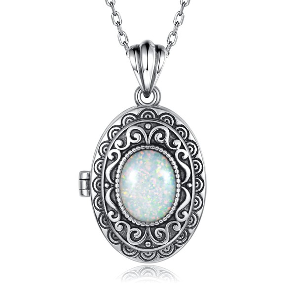 MANBU Sterling Silver Locket Necklace for Women: Oval-Shaped Opal Heart Locket Pendant Holds Pictures Always with You Vintage Style Photos Locket Jewelry Gifts for Loved One (Opal locket necklace)