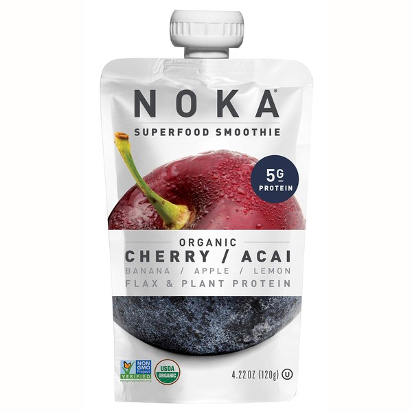 NOKA Superfood Pouches | 100% Organic Fruit And Veggie Smoothie Squeeze Packs | Non GMO, Gluten Free, Vegan, 5g Plant Protein (Cherry / Acai, Pack of 12)
