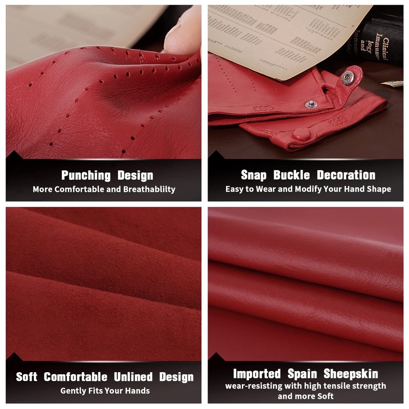 GSG Women Red Driving Gloves Fingerless Leather Gloves Unlined Half