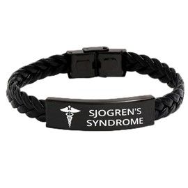 DOMYUHAO DOMYUHAO Medical Symbol Braided Leather Bracelet, Sjogren's Syndrome Awareness,SOS Emergency Health Life Alert ID Engraved Stainless Steel Jewelry Silver Adjustable Bracelet for Women Men (Black)