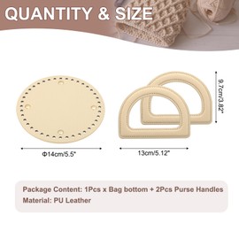 sourcing map Crochet Bag Making Kit, 1Pcs 5.5" Round PU Leather Bag Bottom with 2Pcs D-Shaped Purse Handle Purse Making Supplies for DIY Woven Bag Crochet Handbag, Almond
