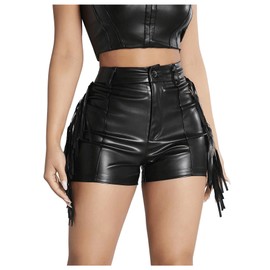 BEAUDRM Women's High Waist Fringe Trim PU Leather Club Party Shorts Straight Leg Mini Shorts Black Medium