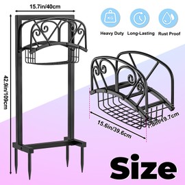 DAYSUP Garden Hose Holder, 4 Spikes Freestanding Water Hose Holder Reels, Heavy Duty Detachable Hose Stand with Storage Basket for Outside Yard Lawn (A-4 Spikes)