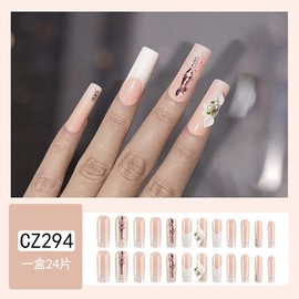 French Tip Press On Nails Fake Nails Long Coffin Square with Nude 3D Rhinestone White Flower Designs Glossy Acrylic False Nails Long Coffin Square Glue on Nails Full Cover Thick Stick on Nails for Women Girls 24Pcs CZ294
