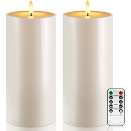 Raycare 2Pcs 4'' X 10'' Large Waterproof Outdoor Flameless Candle, Battery Operated LED Candles with Remote Control and Timer, Electric Fake Plastic Pillar Candles, Ivory