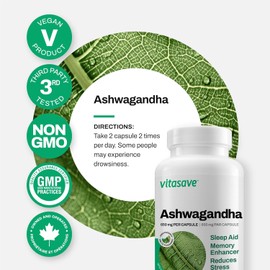 Vitasave Ashwagandha Supplement – 1300mg Adaptogen for Stress Relief, Sleep, Mood & Energy – 100% Root Powder – Vegan, Non-GMO, Gluten-Free – 120 Vegetarian Capsules