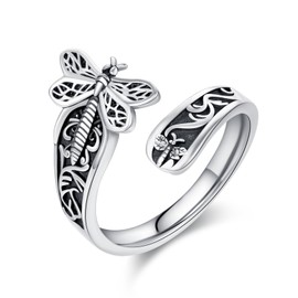 praymos 925 Sterling Silver Dragonfly Spoon Rings Adjustable Ring Boho Victorian Vintage Flower Thumb Statement Rings Jewelry Gifts for Women