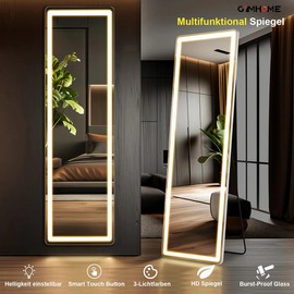 Full Length Mirror with LED Light, Floor Hanging Mirror Wall Mounted, Dimming & 3 Color Lighting for Bedroom Cloakroom Decor - Specification: 60"x16"Black + Fiberglass -C
