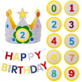 Reusable Felt Crown Birthday Hat for Kids with Number 1-9 Patches and Birthday Banner, Adjustable Fabric Crown for Birthday Party Decorations, Fun and Durable Birthday Accessory for Boys and Girls