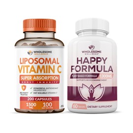 Wholesome Wellness Wholesome Wellness Liposomal Vitamin C Capsules (200 Pills 1500mg Buffered) High Absorption VIT C Happy Formula Natural Formula Relief Supplement Bundle