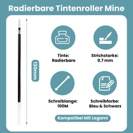 Remione Pack of 20 Erasable Refills for Legami Pens [Tip 0.7 mm] Rollerball Pen Erasable, Compatible with Legami Refills, Erasable Ink [10 Blue & 10 Black]