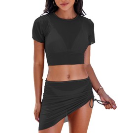 Jolefille - Conjunto de 4 piezas de bikini con falda de cintura alta, control de abdomen, tankini con control de abdomen, Bañador Negro Mujer, L