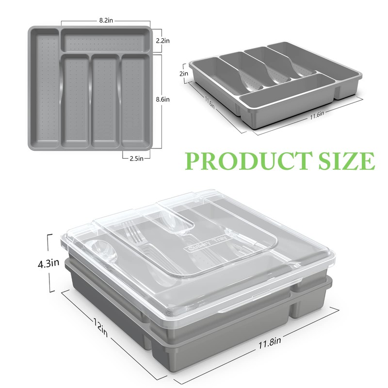 YICOCHI 2 Layer Large Silverware Tray with Lid,Stackable Utensil Organizer
