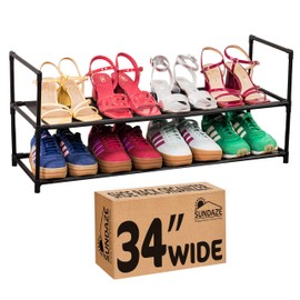 Sundaze Shoe Rack - 2 Tier Shoe Rack for Front Door Entrance, Sturdy Long Shoe Organizer for Closet, Bedroom, Entryway, Garage, Non Woven Fabric Shelf, Black, Holds Up to 10 Pairs