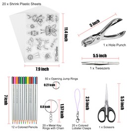 POUYRBA Shrink Plastic Sheet Kit, 125pcs Shrink Paper Shrinky Keychain Kit Including 20 pcs Shrink Art Paper,Hole Punch, Pencils, Keychains, Tweezers and Scissors for Crafts and Keychains