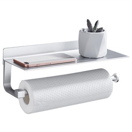 GRICOL Kitchen Roll Holder No Drilling Roll Holder Kitchen with Storage Shelf Paper Roll Holder Metal Silver