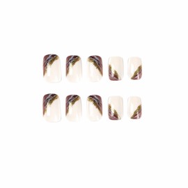 BABALAL Square Press on Nails Medium Fake Nails Brown Omber Marble Glue on Nails Squoval Fall Acrylic Nails 24Pcs Stick on Nails for Women and Girls