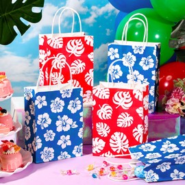 Motiskyy 16 Pcs Cartoon Party Gift Favors Bags Hawaiian Themed Paper Bag with Handles Print Hibiscus Patterns Gifts Pouch for Baby Shower Birthday Hawaiian Party Supplies