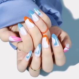 Teenitor Blue Abstract Designs Short Almond Press-on Nails, 24pcs Reusable Acrylic Nails with Glue