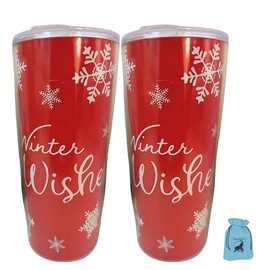 EB (2) Red Winter Decorative Printed Christmas Tumblers Reusable Plastic Holiday Drinkware Set for Home Kitchen Office Travel Cups Party Favor Xmas Thanksgiving Gift Supplies Stocking Stuffer