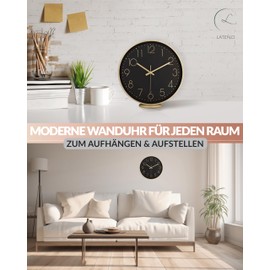 LATENO - Wall Clock for Standing or Hanging - Black Gold 20 cm - Silent - Classic and Modern - No Ticking Noise - For Living Room