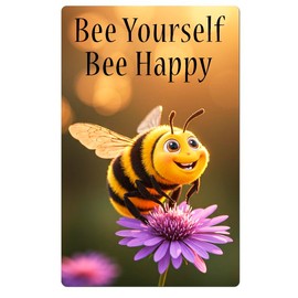Fridge Magnet Happy Bee, Inspirational, Bee Yourself Bee Happy 8.5cm x 5.4cm Sleek Gloss Aluminium (Bee)