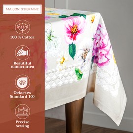 Maison d'Hermine Tablecloth, 100% Cotton, 140 cm x 180 cm, Decorative, Square Tablecloths, Washable Tablecloth for Mother's Day Gifts, Weddings, Buffet Parties, Pivoine - Spring/Summer