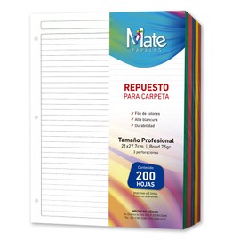 Mate | Hojas Para Carpeta | Carta | 200 Hojas | Filo Colores (Raya)