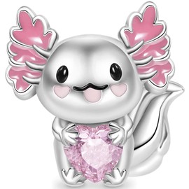 ZURWTCH Axolotl Embraces Heart Gemstone Charm Fit Women Bracelet Necklaces Fashion Gifts 925 Sterling Silver DIY Jewelry (Pink Y001)