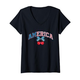 Womens 4th Of July Coquette Outfit Girl Bow American USA Flag V-Neck T-Shirt