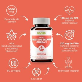 Life180 Omega 3 con Aceite de Salmón DHA y EPA 60 Softgels