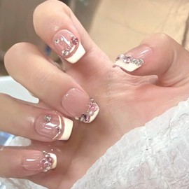 BQZQPAMZ Pink Medium Square Fake Nails Glossy White French Tip Press Nails Reusable Stick on Nails Full Coverage Acrylic Nail Art Supplies for Women DIY Spring Manicure Gift