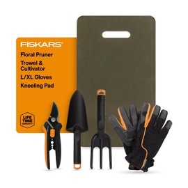 Fiskars Fiskars Flower Gardening Tool Set with Floral Pruner, Trowel, Cultivator, Garden Gloves, and Ultra-Light Kneeling Cushion for Outdoor Use (5 Piece Kit)