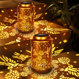 Brizled Hummingbird Solar Lantern Lights, 2 Pack LED Hollow Out Hanging Lantern Lights Outdoor, Warm White Solar Garden Light Decorative Retro Metal Outdoor Lighting for Garden Patio Courtyard Path
