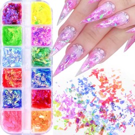 12 Colors Holographic Iridescent Nail Art Glitter Sequins 3D Glitter Mermaid Flakes Ice Slag Nail Glitter Colorful Fluorescent Glass Paper Nail Sticker Confetti Nail Glitter Flakes for DIY Nail Decor