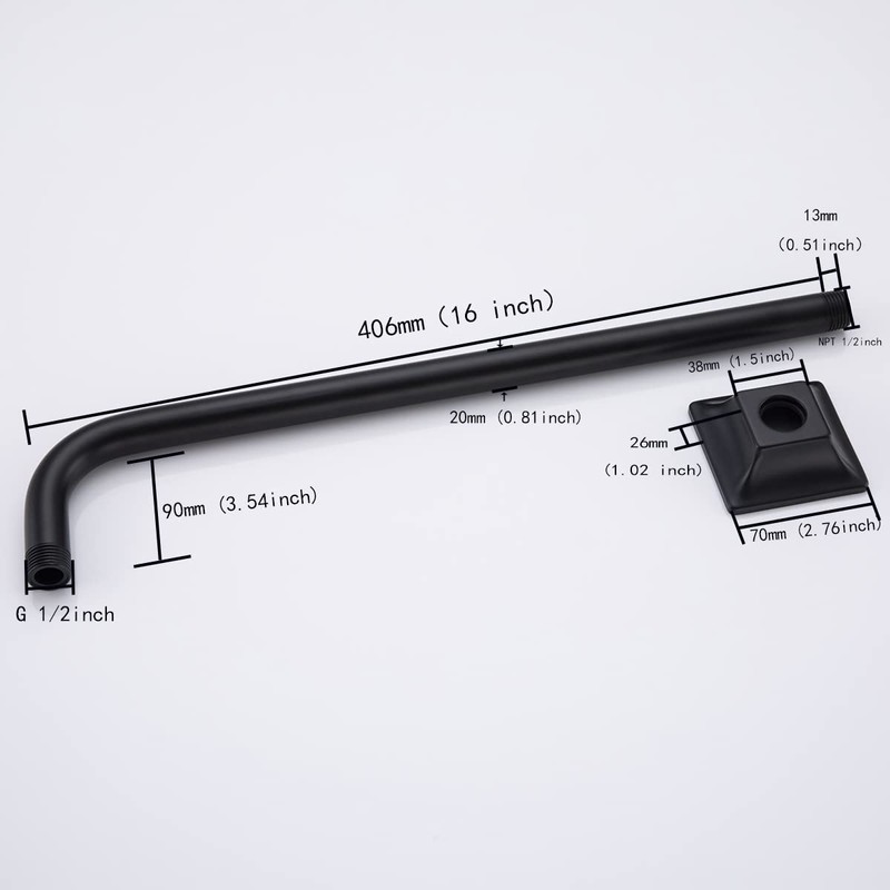 SEABEFORE 16" long sweep shower arm Wall Mounted Black shower