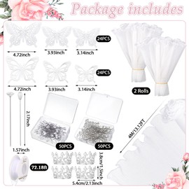 155 Pcs Bouquet Wrapping Paper Pearl Edge Mesh Wrinkled Flower Packaging Paper with Butterfly Decorations Silver Crowns Ribbons Pins for Flower Bouquets for Wedding Gifts Florist Supplies DIY Crafts