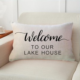 Welcome To Our Lake House Lumbar Cushion Covers Lake Cabin Decor with Paddle Farmhouse Lake Time Decorative Pillowcases 12x 20Inch,2Pack Summer Lake House Cushion Cover for Sofa Couch Porch (Black)