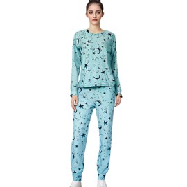 Awlsyj Women's Pajamas Lounge Sets 2 Piece Pjs Set Long Sleeve Sleepwear with Pockets(Light Blue Stars Moon,Small)