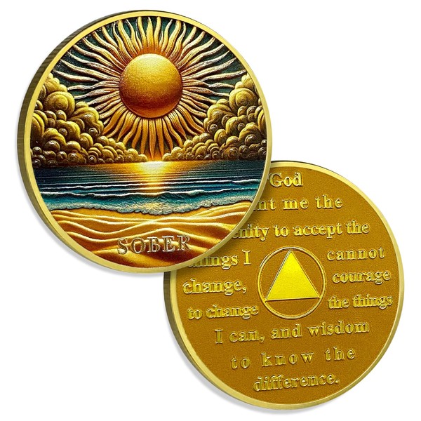 Gold Sunrise Sobriety Coin Beach Sobriety Chip Alcoholics Anonymous Medallion
