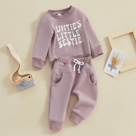 XIXIMAON Auntie 's Little Bestie Toddler Baby Girl Boy Clothes Set Long Sleeve Lettered Jumper Sweatshirt Matching Pants Set Fall Spring Outfits (Purple, 0-6 Months)