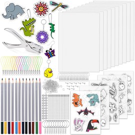 Shrink Plastic for Crafts Set - 218 Pieces Shrink Film Set for Key Ring with A4 Shrink Paper & A5 Shrink Films Plastic with Patterns Coloured Pencils Hole Punch, Shrinky Dink Paper Key Ring
