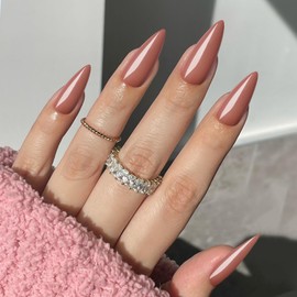 Bellelfin 120Pcs Stiletto Press on Nails, Caramel Stiletto Fake Nails Glossy Long Acrylic Nails Press ons Solid Color Full Cover False Nails for Women Girls