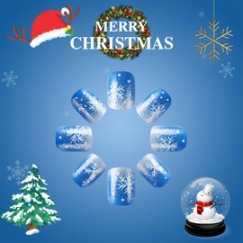 Christmas Press on Nails Short Square Fake Nails With Snowflake Designs Xmas Blue White Gradient False Nails Full Cover Stick on Nails Winter Acrylic Glitter Artificial Nails for Women 24 Pcs