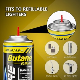 Butane Refill 10.56 fl oz Butane Fuel Refill Butane Canister for Torch Lighter Fluid Refill Canister Butane Torch Kitchen Blow Torch 300ml Camping Gas Canister with 5 Different Nozzle Adapters(2 cans)