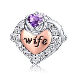 FOREVER QUEEN Birthstone Wife Charm Bead for Bracelet 925 Sterling Silver Love Heart Wife Charms Pendant for Bracelet, Best Birthday Gift for Wife, Sterling Silver