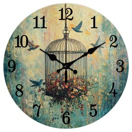 CHGCRAFT Vintage Birdcage Wall Clock 12 Inch Flowers Clock Battery Operated Silent Non Ticking Bird Round Decorative Clocks for Home Office Decoration