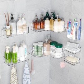 7-Pack Shower Caddy, Adhesive Shower Organizer with Soap Dish Toothbrush Holder and 8 Hooks,Rustproof Corner Shower Shelves & Shampoo Organizer,No Drilling Bathroom Organizers and Storage Rack,Clear